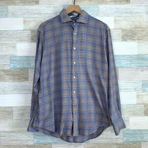 Thomas Dean Basketweave Glen Check Shirt Blue Brown Button Up Casual Mens Large